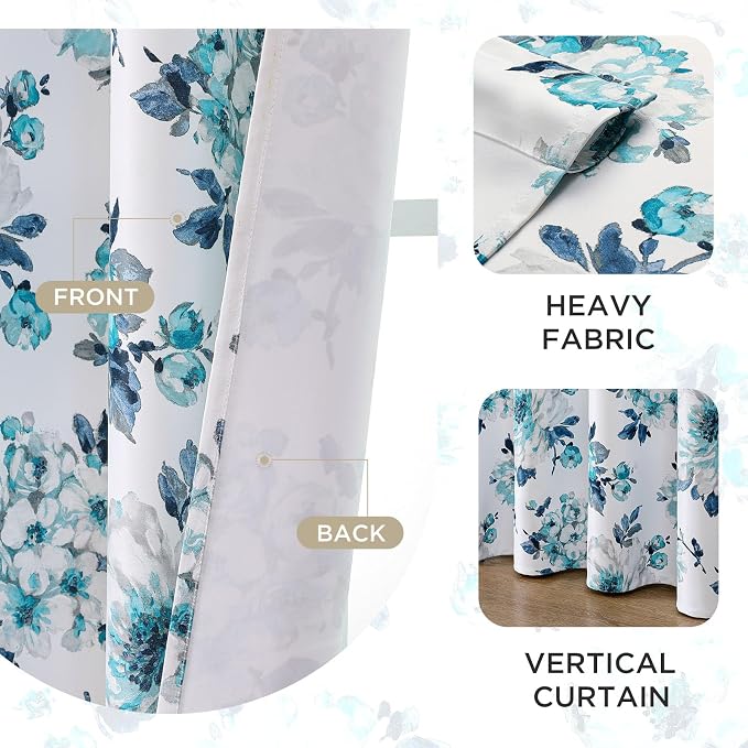 Joydeco Printed Curtains 84 inches Long,Blue Floral Blackout Curtains for Living Room 2 Panels,52 x 84 inch Rod Pocket Thermal Insulated Bohemian Drapes for Farmhouse,Bedroom,White