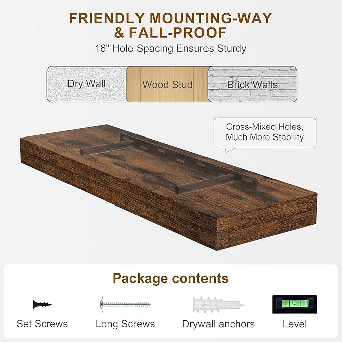 Fun Memories 66 Inch Fireplace Mantel - Long Floating Shelf, Wall Mounted Farmhouse Display with Invisible Heavy Duty Metal Bracket, Brown, 2 Pack