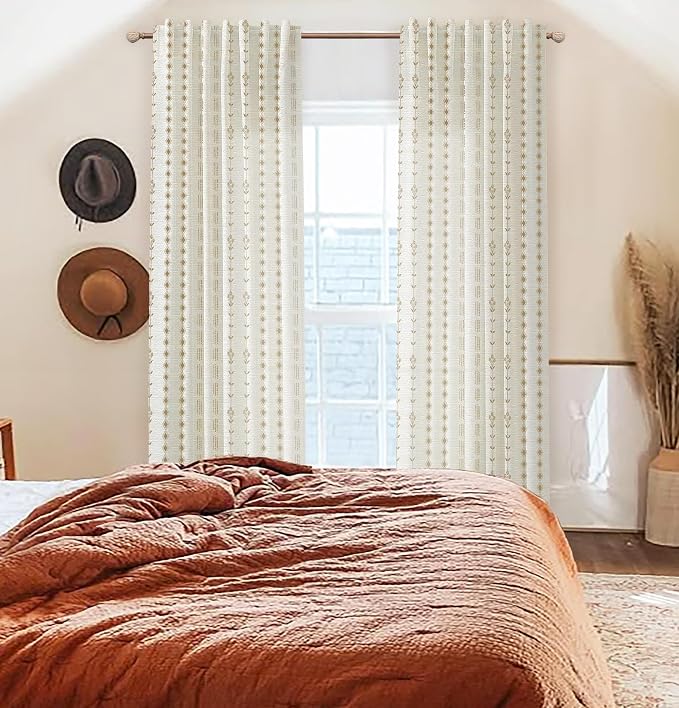 Brown Semi Sheer Curtains 63 Inch Length,Boho Floral Linen Mocha Curtains for Living Room