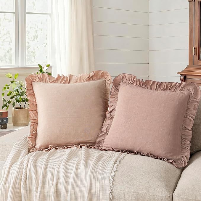 Foindtower Set of 2 Decorative Linen Fringe Ruffle Throw Pillow Covers Soft Boho Farmhouse Cushion Cover Cozy Accent Retro Pillowcase for Couch Sofa Bed Living Room Home Decor,20×20 Inch,Coral Pink