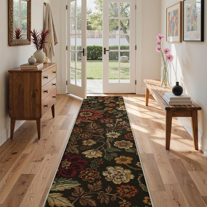 GENIMO 2X10 Washable Vintage Floral Print Runner Rug, Non-Slip Low Pile Stain Resistant Soft Chenille Carpet for Hallway Entryway Kitchen Corridor, Floral Brown