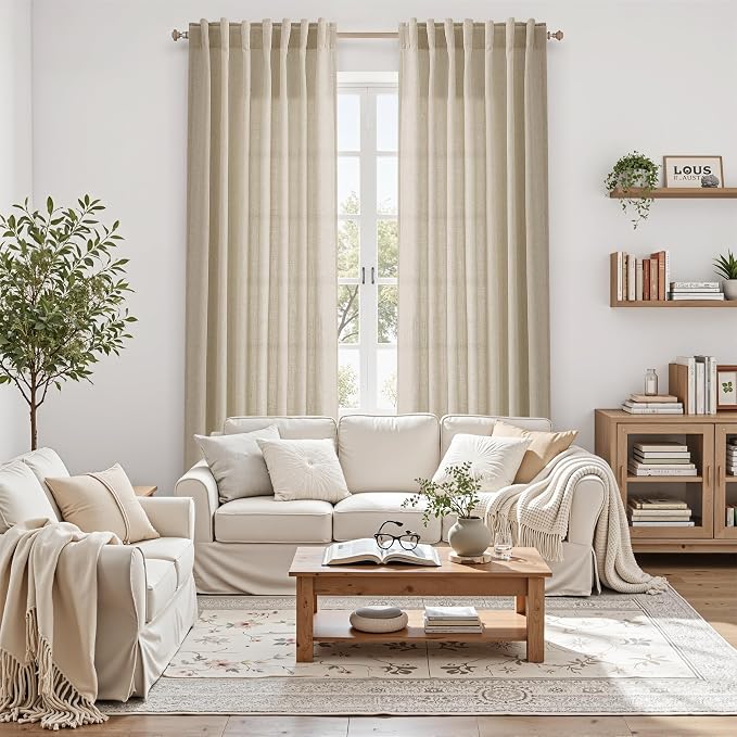 Eggshell Beige Linen 144 Inch Curtains for Living Room Light Filtering Semi Sheer Curtain Back Tab Rustic Farmhouse Decor Burlap Elegant Drapes Floor to Ceiling High Window for Bedroom 52x144,2 Panels