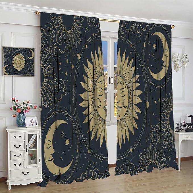 Bohemian Sun Moon Blackout Curtains, Golden Sun Moon Stars Vintage Galaxy Printed Window Drapes, for Bedroom Living Room 55" W X 63" L