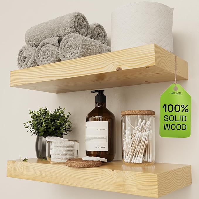 Wood Floating Shelves for Wall 16 inch, Natural Wood, Bathroom Wooden Shelf | Solid Wood, Wall Mounted, Rustic Farmhouse, Bathroom Bedroom Kitchen Living Room, Natural Oak Finish, 16W x 6.7D, Set of 2