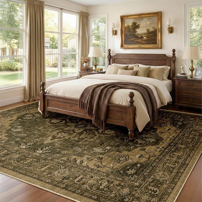 RELEANY Area Rugs Large 9'x12' Washable Non-Slip, Floral Vintage Distress Medallion Carpet for Living Room Bedroom Dining Room, Brown Dark Brown