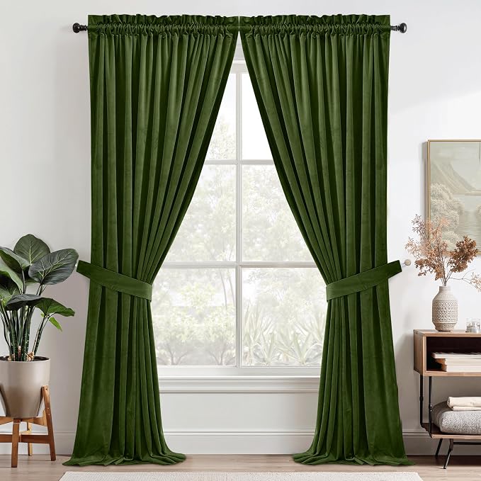 StangH Moss Green Velvet Privacy Curtains 96 inches for Bedroom, 2 Panels | 300GSM Soft Velvet, Noise Reducing Privacy Living Room Window Drapes, Christmas Decor, Thermal Insulated, Sliding Door