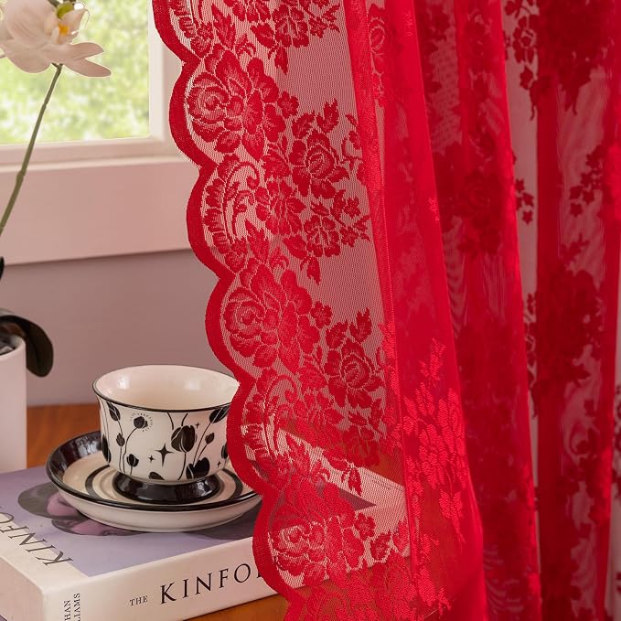 Kotile Red Sheer Lace Curtains 96 Inches Long, W52 x L96 Inch, 2 Panels Country Rustic Floral Red Lace Curtains for Living Room, Rod Pocket Privacy Light Filtering Christmas Sheer Window Curtain