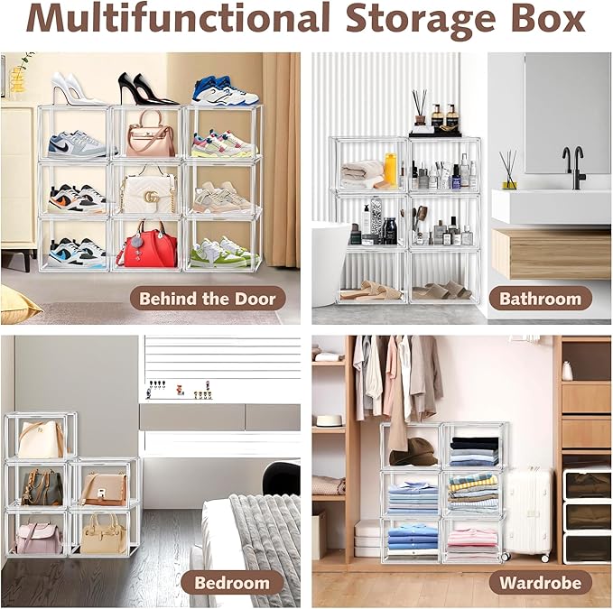 6 Pack Clear Shoe Boxes Sneaker Storage Organizer Box for Closet Stackable Handbag Organizer Acrylic Display Shoes Case with Lid Storage Box for Boots,Book,Collectibles,Figures,Shoes,Cosmetic,Size 14