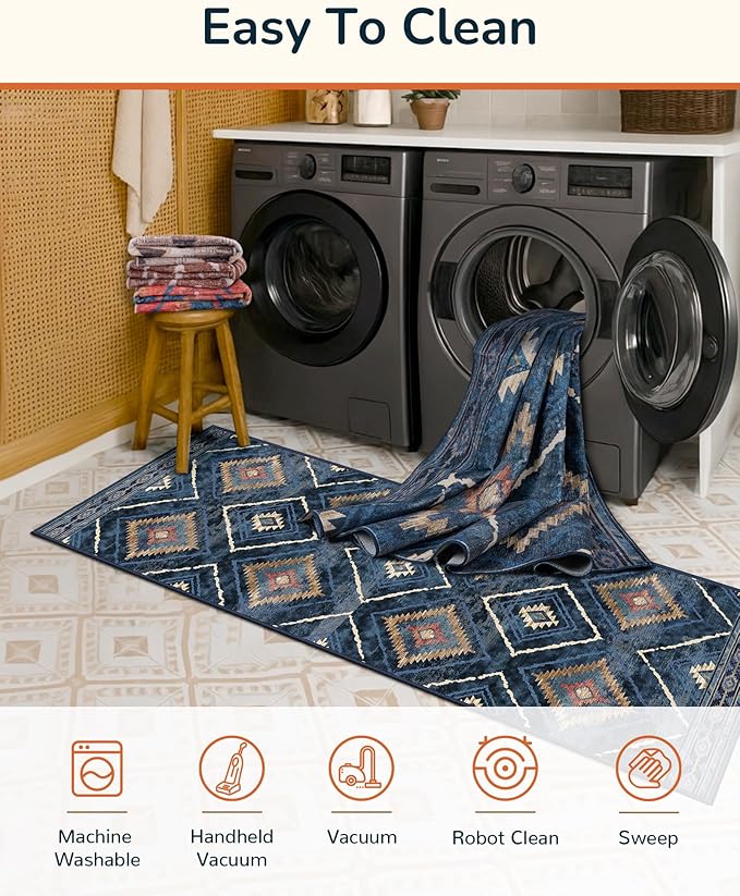 BESTSWEETIE Area Rug 5x7 Rug Machine Washable Non-Slip Low Pile Print Pattern Western Rug for Living Room Bedroom Entryway Tribal Series -Darkblue