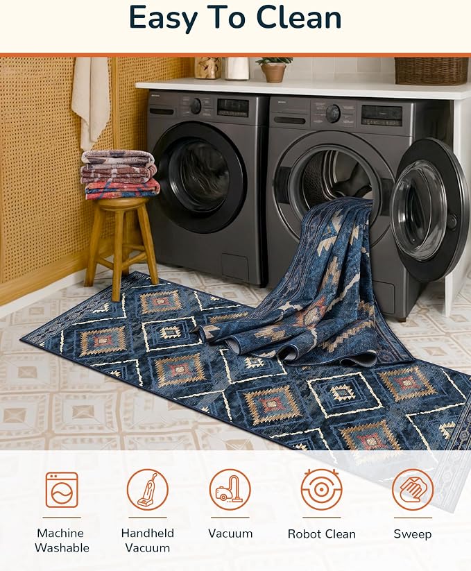 BESTSWEETIE Area Rug 3x5 Rug Machine Washable Non-Slip Low Pile Print Pattern Western Rug for Living Room Bedroom Entryway Tribal Series -Darkblue