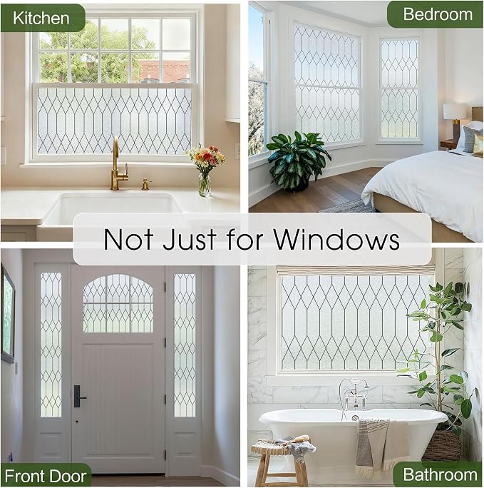 Windimiley Window Privacy Film Stained Glass Static Clings, Bathroom Frosted Leaded Decorative Window Stickers, UV Heat Blocking Opaque Removable for Home Door Coverings (23.6 x 118.1in,Pure)