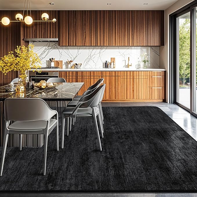6x9 Washable Area Rug, Black Solid Area Rugs for Living Room & Bedroom | Stain-resistant & Non-slip backing,Low Pile Washable Large Carpet, Solid Vintage Style For High Traffic Areas(6x9,Black)