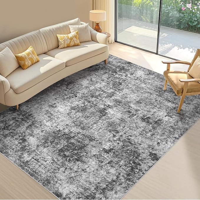 Tortania Washable 6x9 Area Rug for Living Room: Modern Abstract Neutral Large Soft Thin Rugs - Non Slip Indoor Carpet for Bedroom Dining Room Office Nursery Home Floor Decoration - Charcoal Grey