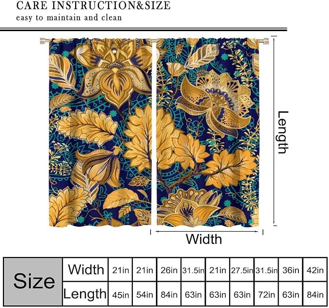 Floral-Patterned Blackout Curtains, Vintage Navy Blue with Gold Plant Motifs in Bohemian Style, Heat-Insulating Curtains for Living Rooms and Bedrooms72X63 Inch