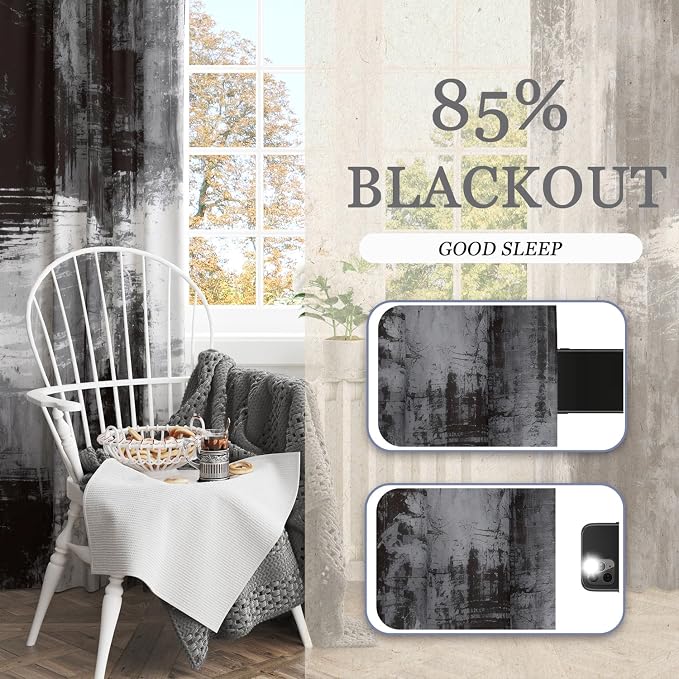 Abstract Black and Grey Blackout Curtains, Boho Retro Rust Gray Neutral Modern Geometric Darkening Thermal Insulated Grommet Light Blocking Drape Decor, 52 x 84 Inch Long 2 Panels