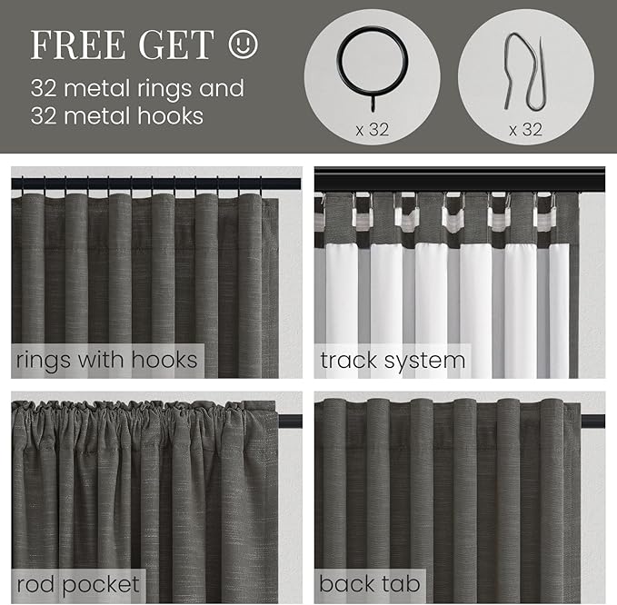 Topfinel Charcoal 90 Inch Long Blackout Bedroom Curtains Back Tab & Rod Pocket, Modern Farmhouse Blend Linen Panels for Track System, Modern Chic Carbon Grey Noise Cancelling Drapes 52" W*90" L