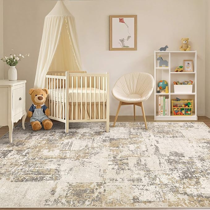 Tortania Washable 9x12 Area Rug for Living Room: Modern Abstract Neutral Large Soft Thin Rugs - Non Slip Indoor Carpet for Bedroom Dining Room Office Nursery Home Floor Decoration - Beige/Brown/Gray