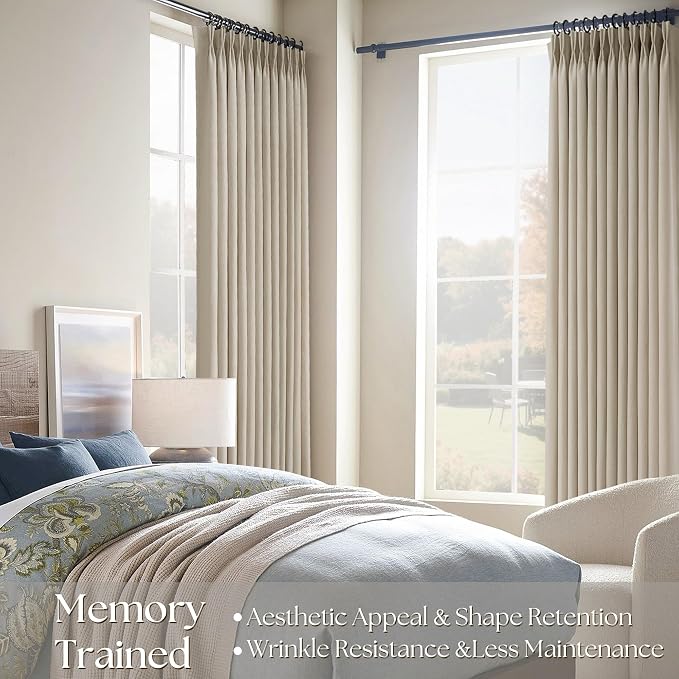 90 inch Long Pinch Pleat linen curtains with Clips for Bedroom Semi Sheer Light Filtering Pleated Curtains Pencil Look Burlap Textured Neutral Country Rustic Curtain Drapes for Dining Room Taupe