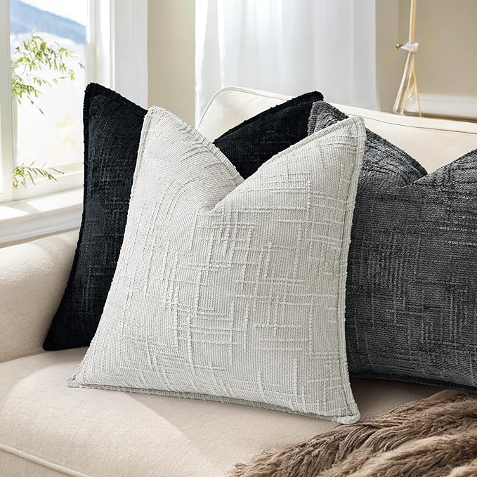 decorUhome Chenille Throw Pillow Covers 22x22 Set of 2, Thick Textured Slubby Neutral Decorative Pillow Covers with Elegant Design for Couch, Sofa, Living Room, Light Grey