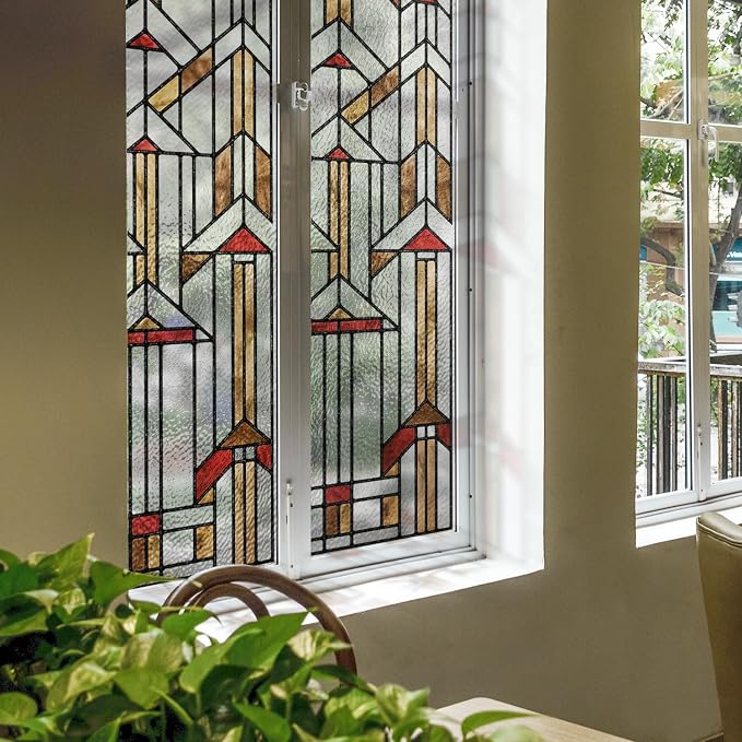 Faux Stained Glass Effect Window Privacy Film, Original Hand Drawn Static Cling Texture Sticker Inspired by Frank Lloyd Wright, 22.83" x114.17" Hollyhock House, Boho