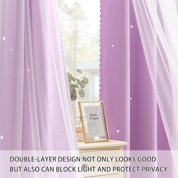 XiDi Purple Curtains for Bedroom Living Room 2 Panels Thermal Insulated Kids Blackout Curtain Hollow-Out Star Window Nursery Girls Curtains 45 inches Length Room Darkening Grommet W52 x L45