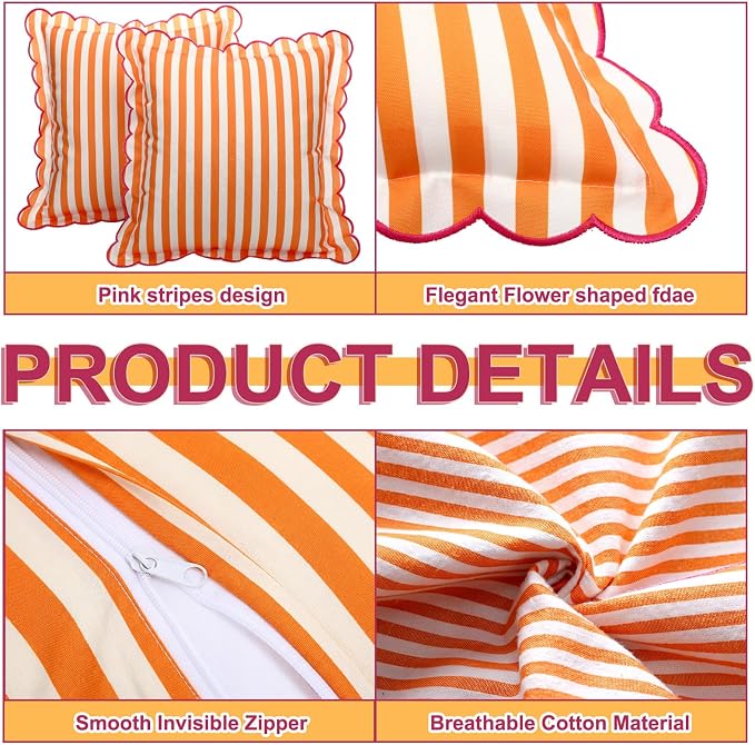 Newwiee 2 Pack Scalloped Pillow Cover 18 x 18 Inch Orange Powder Stripe Throw Pillow Cover Cotton Decorative Pillowcase for Women Men Couch Living Room Cushion Indoor Outdoor Decoration