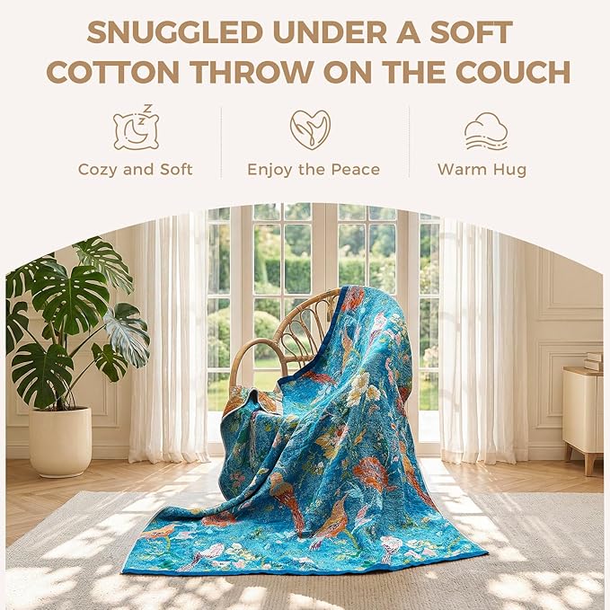 LUTBM Boho Throw Blanket for Couch Sofa Chair Cotton Spring Blankets for Bedroom Living Room All Season Lightweight Reversible Floral Birds Embroidery Throws 50"x60"