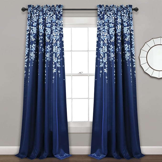 Lush Decor Weeping Flower Light Filtering Window Curtain Panels, Pair, 52"W x 95"L + 2" Header, Navy - Charming Modern Floral Curtains for Living Room, Dining Room, & Bedroom