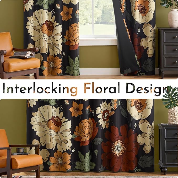 Lazzzy Floral Curtains for Bedroom Living Room Vintage Blackout Curtains 96 Inches Long Room Darkening Drapes Grommet Flower Patterned Window Treatments Set of 2 Panels, 52" x 96"