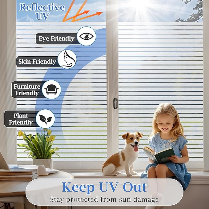 VIseeko Window Privacy Film, Blinds Style Frosted Vinyl for Glass Windows Decorative Static Cling Anti Uv Film for Home,Glass Door,Bathroom,Office