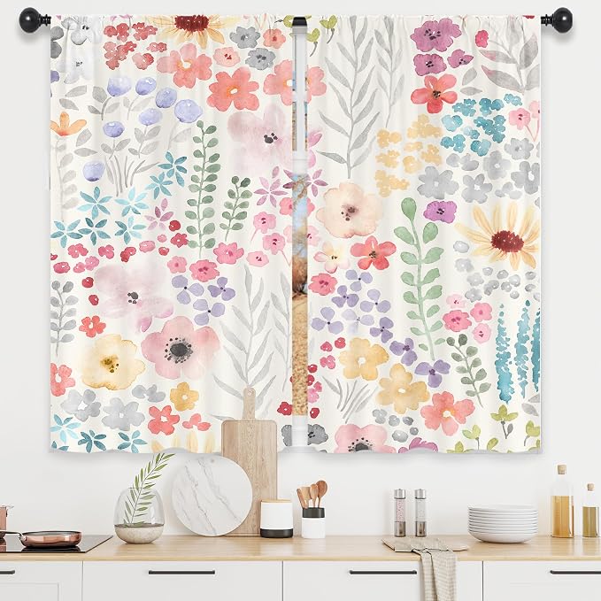 Riyidecor Colorful Floral Curtains Pink Cute Boho Wildflower Watercolor Plant Leaves Botanical Trendy Rod Pocket Pretty Aesthetic for Girls Bedroom Living Room Treatment Fabric 2 Panels 42Wx45H Inch