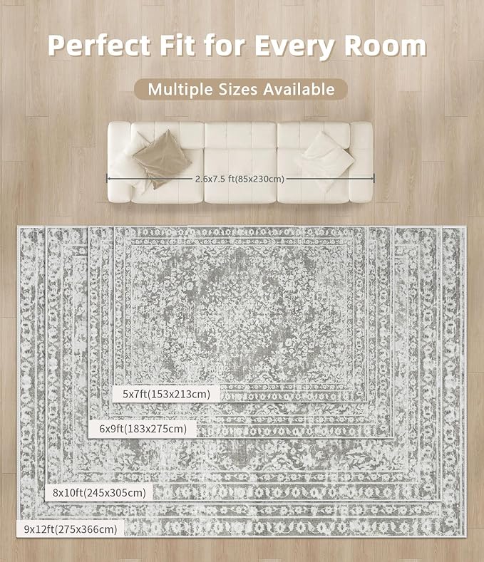 Vintage Living Room Area Rug - 9x12 Large Machine Washable Boho Area Rug Distressed Floral Rugs for Bedroom, Soft Non-Slip Indoor Floor Accent Rugs for Office Dining Room (Floral Grey, 9'x12')