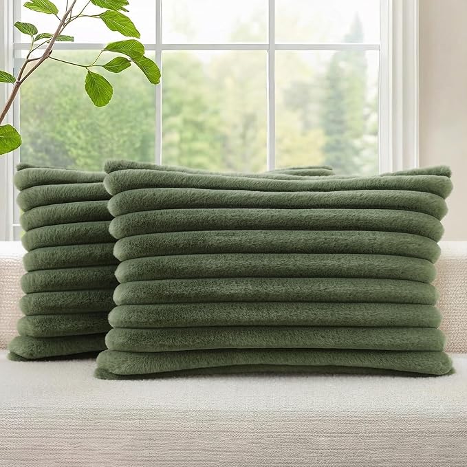 decorUhome Fall Cozy Faux Fur Throw Pillow Covers 12x20 Set of 2 Decorative Soft Plush Striped Lumbar Modern Farmhouse Boho Couch Pillow Cases with Velvet Back for Sofa Bed Living Room, Olive Green