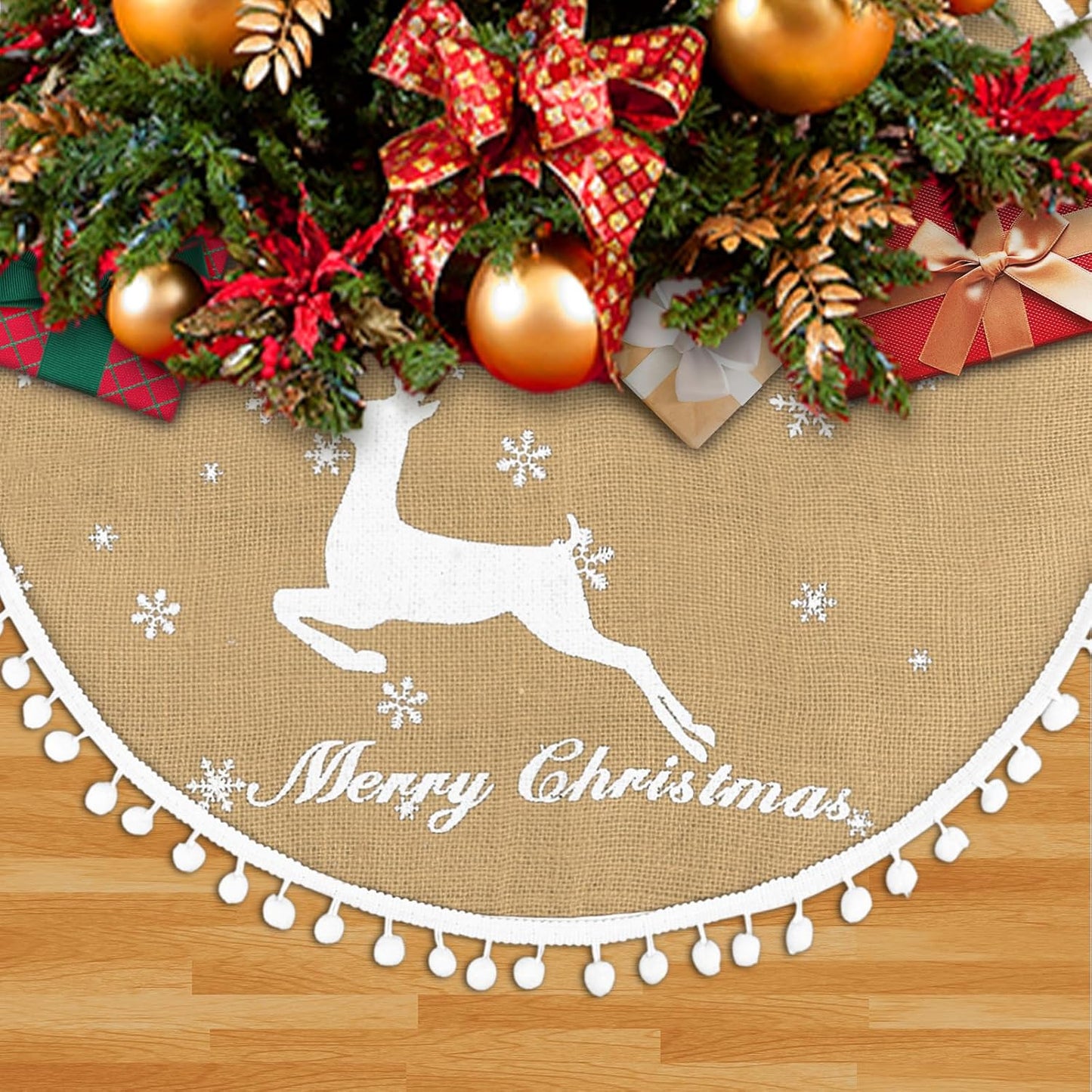 30 Inch Christmas Tree Skirt, Burlap Linen Color Christmas Rustic Tree Skirt with Elk Deer and White Snowflake Printed for Holiday Party Xmas Tree Decoration