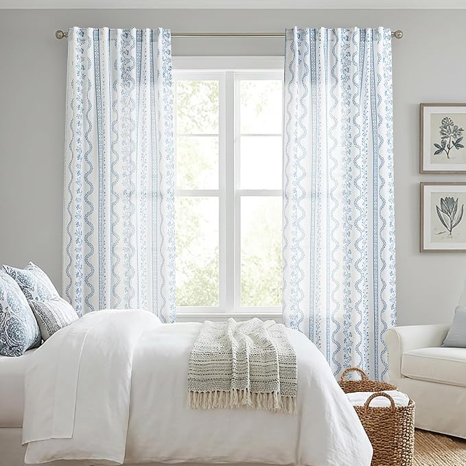 Coastal Curtains for Living Room Bedroom,Light Blue and White Floral Striped Farmhouse Linen Printed Sheer Patterned Beachy Summer Curtains for Beach Room Decor,50 x 84 Inch Length 2 Panels Set