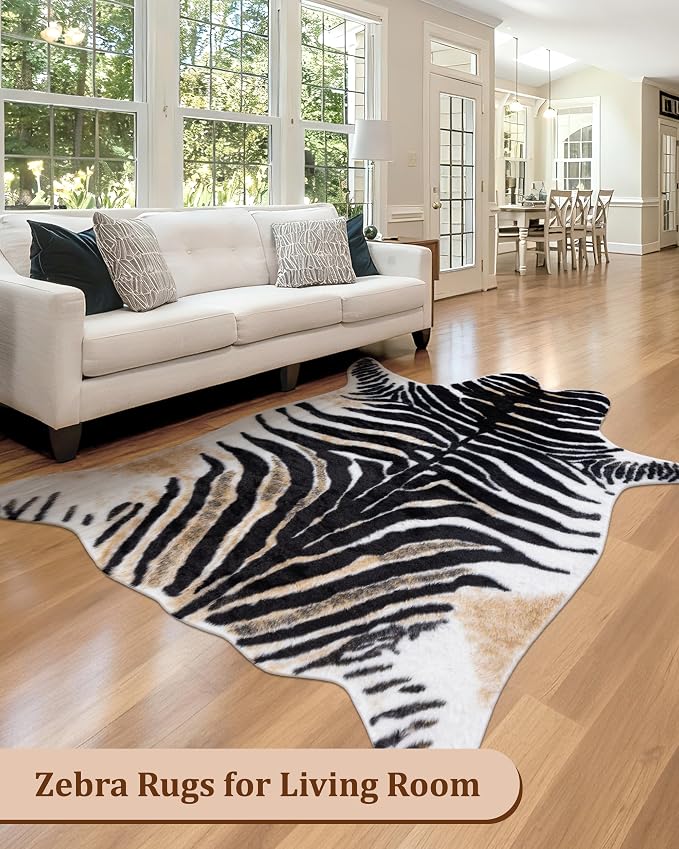 Zebra Print Rug for Living Room, Faux Fur Zebra Hide 6.2x8.2 Feet Animal Skin Rug for Bedroom Nursery Black and White