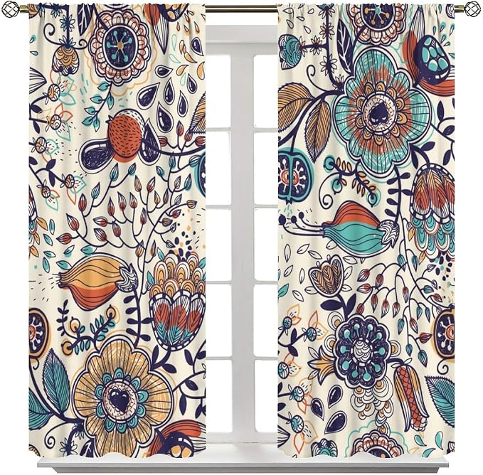Floral-Print Curtains, Colorful Bohemian Floral and Vintage Botanical Patterns, Blackout Curtains for Bedrooms, Living Rooms, and Kitchens42X63 Inch