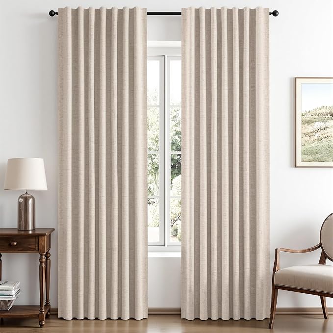 MIULEE 100% Blackout Linen Curtains for Bedroom, Natural Solid Luxury Decor Thermal Insulation Room Darkening Drapes for Living Room Back Tab Rod Pocket 42 x 72 Inches, 2 Panels