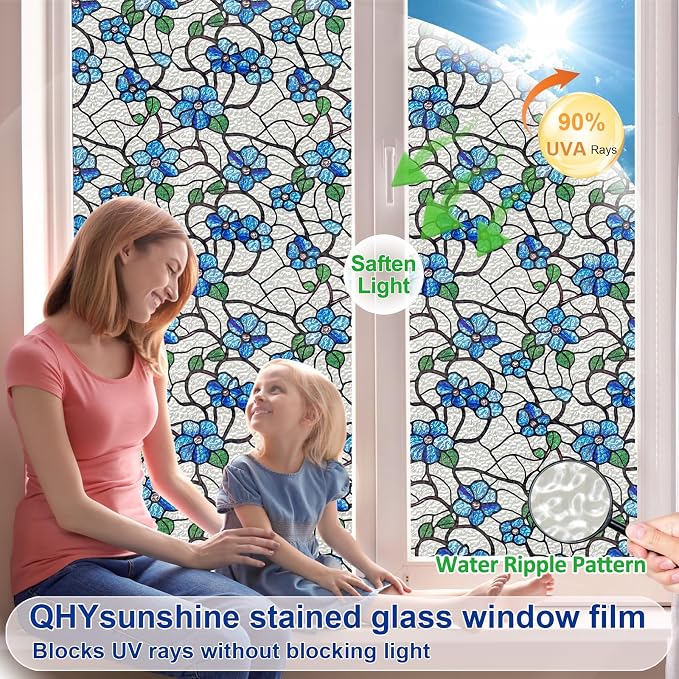 QHY Sunshine Privacy Window Film with Installation Tool Decorative Stained Glass Window Stickers Reusable Window Film (Indigo Waviness, 35.4 x 157.4)