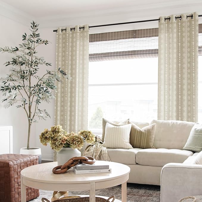 Coastal Boho Farmhouse Curtains for Living Room, Neutral Tan Beige and White Light Filtering Patterned Linen Drapes for Dining Room Bedroom 84 Inches Long