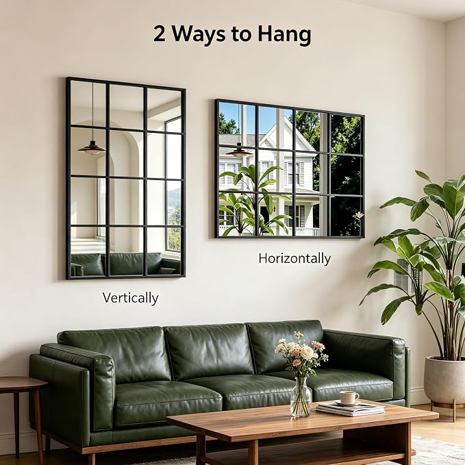 Dewfig Rectangle Window Mirror Wall Mounted, 30"x47"in Window Pane Mirror Wall Decor Metal Framed, Large Black Mirrors for Bedroom Living Room Fireplace Entryway Hanging or Leaning Against Wall,Black