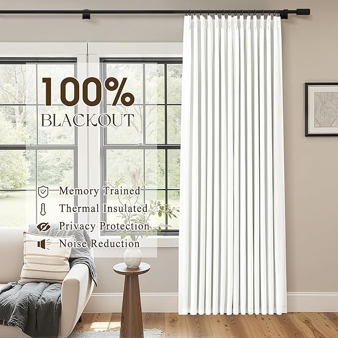 Off White Pinch Pleated Linen Blackout Curtains 90 Inches Long for Bedroom Living Room 2 Panels Set, Darkening Thermal Insulated Dual Layer Boho Neutral Pinch Pleat Hooks Rings Track System Curtain