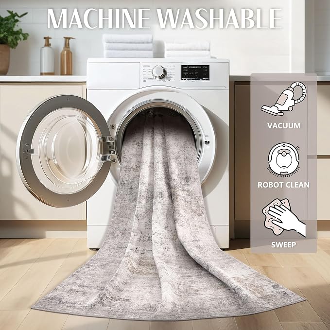 Abstract 10x12 Area Rug: Machine Washable Non Slip Ultra Thin Low-Pile Carpet, Soft Stain Resistant for Living Dining Room Bedroom, Kid Pet Friendly, Robot Vacuum Compatible - Brown Grey