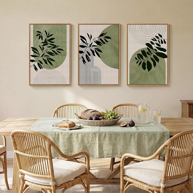 Framed Boho Botanical Wall Art for Living Room, 3 Piece Modern Green Bohemian Canvas Paintings Prints, Minimalist Geometric Boho Leaf Pictures for Bedroom Dining Room Office Wall Decor, 16x24 Inch