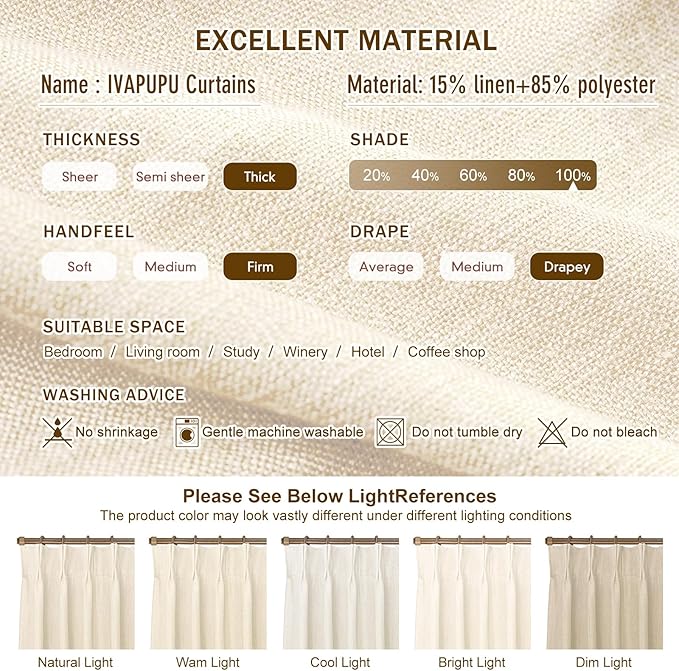 Cream Beige Pinch Pleated Full Blackout Linen Curtains for Bedroom, Black Out Curtains 95 Inches 1 Panel for Living Room Darkening Thermal Insulated Neutral Pleat Drapes with 12 Hooks, 70''Wx95''L