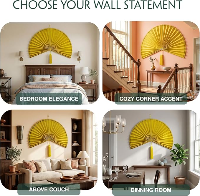 SUCHUBU Honey Yellow Wall Fan, 47" Premium Handwoven Bamboo Decor, Large Japanese Hanging Fan, Luxurious Asian Wall Art, Shimmering Boho Decor, Artisan Crafted Weaving (Yellow, Large)