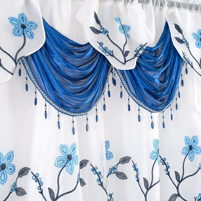 Petrichor Embroidered Sheer Curtain 2 Panels Set - Luxury Window Curtain Attached Valance with Satin Backing and 2 Tie Backs for Living Room,Dining Room, 54x84 inches, Navy