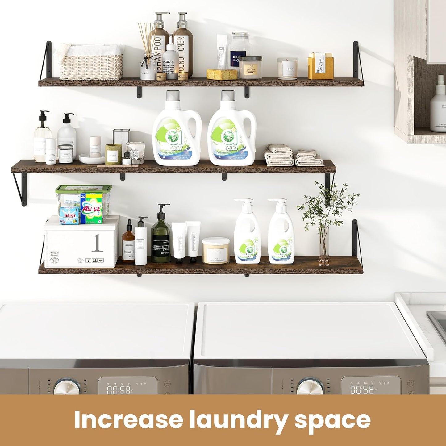 Heimlove 48 Inch Large Floating Bookshelves Set of 3,Rustic Brown Wood Wall Mounted Bookshelves,Heavy Duty Shelves for Living Room,Bedroom,Kitchen,Laundry Room Storage & Decor