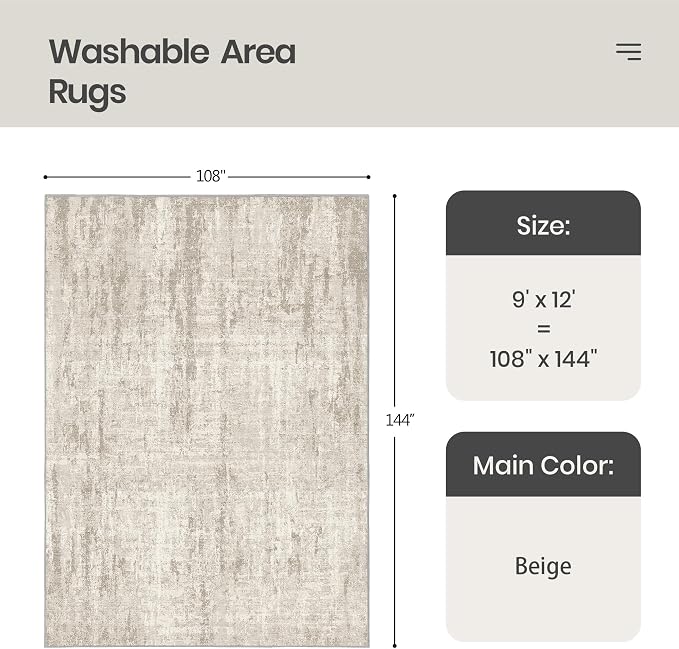 Valenrug Washable Rug 9x12 - Stain Resistant 9x12 Area Rugs for Living Room, Non Slip Backing Printed Rugs for Bedroom, Folable Machine Washable Area Rug(Beige,9'x12')