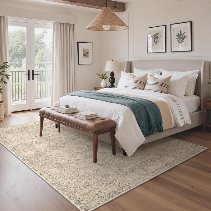 GENIMO 5x7 Area Rugs for Living Room, Machine Washable Non Slip Rugs, Low Pile Lightweight Print Rug for Bedroom, Dining Room, Home Office, Vintage Boho Brown